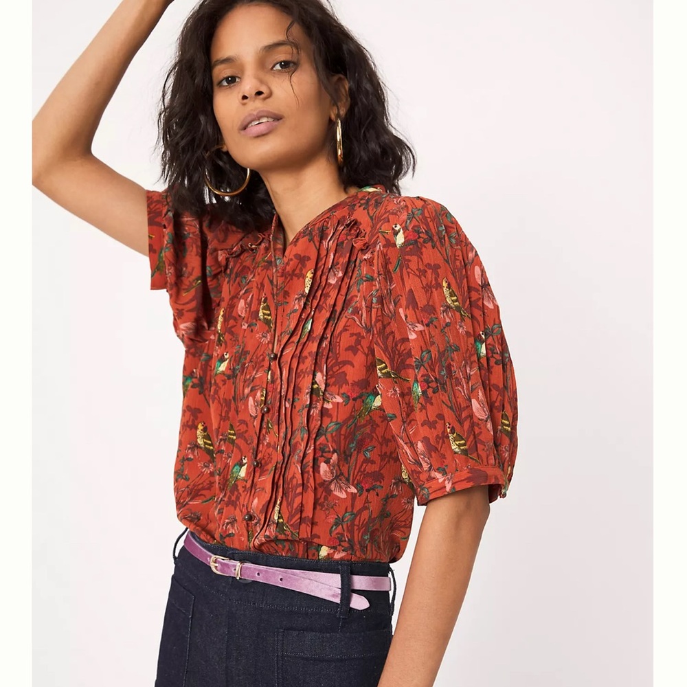 Anthropologie Rust Red Floral Pintuck Blouse